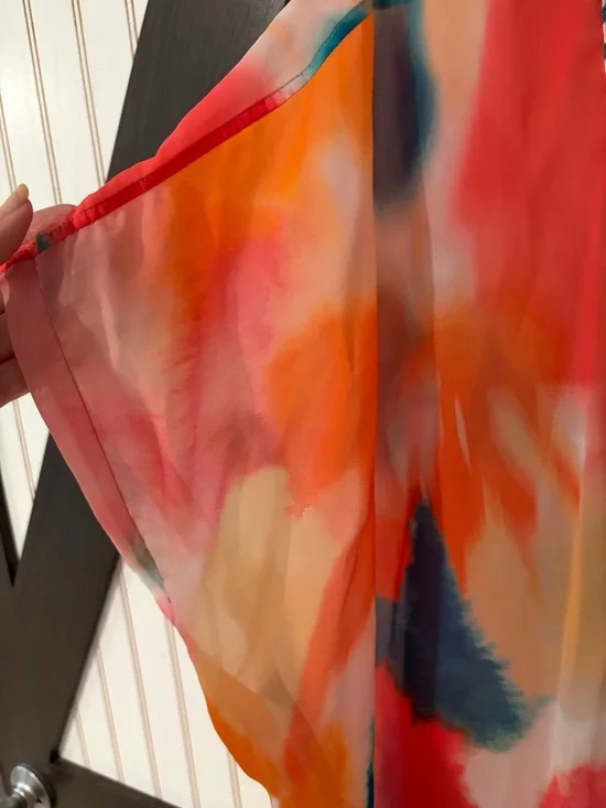 Chico's Multicolor Watercolor Open-Front Kimono with Teal Trim - Picture 2 of 8